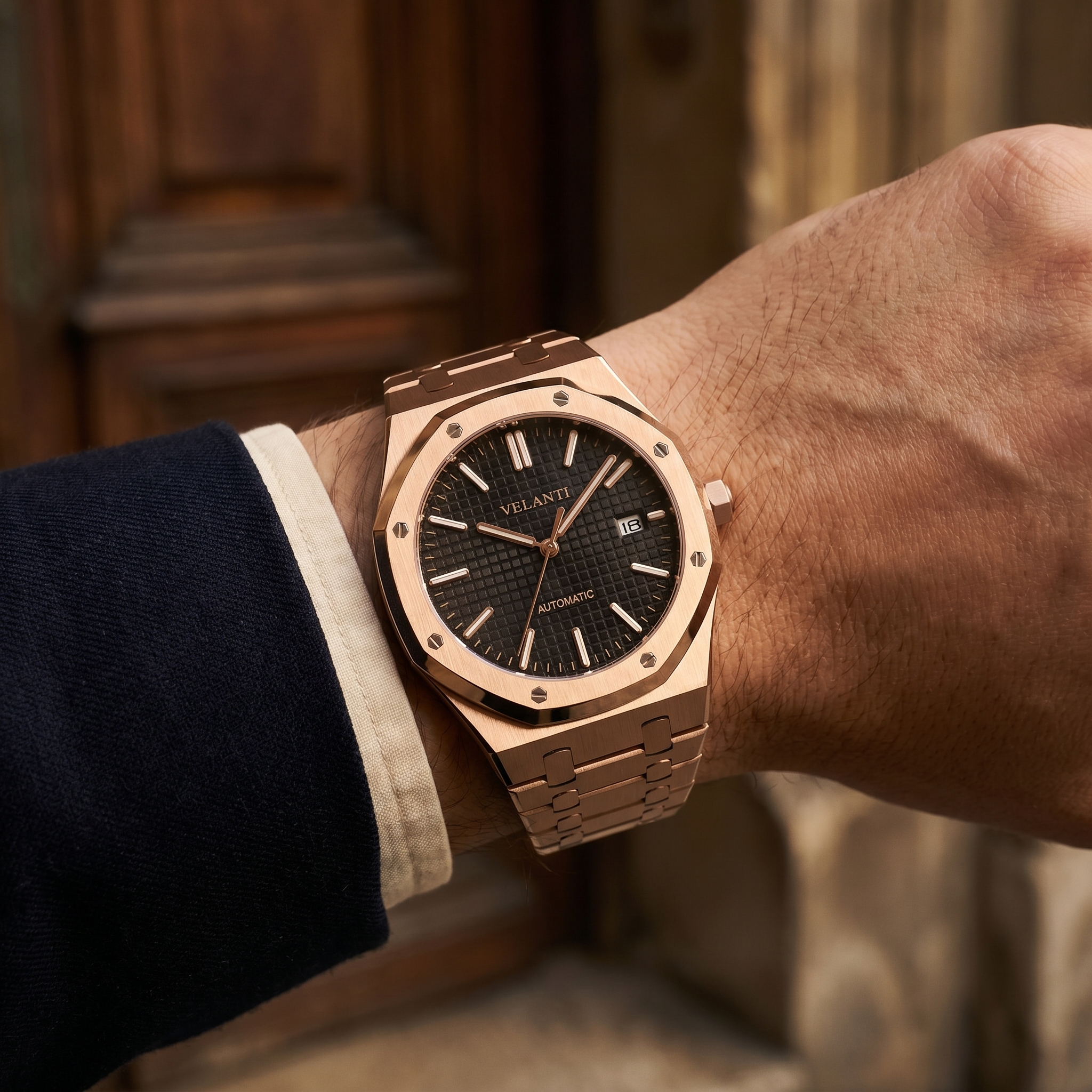 Royal Oak-style automatic watch, Velanti Milano Royal Veloak Rose Gold Black, product photo 6