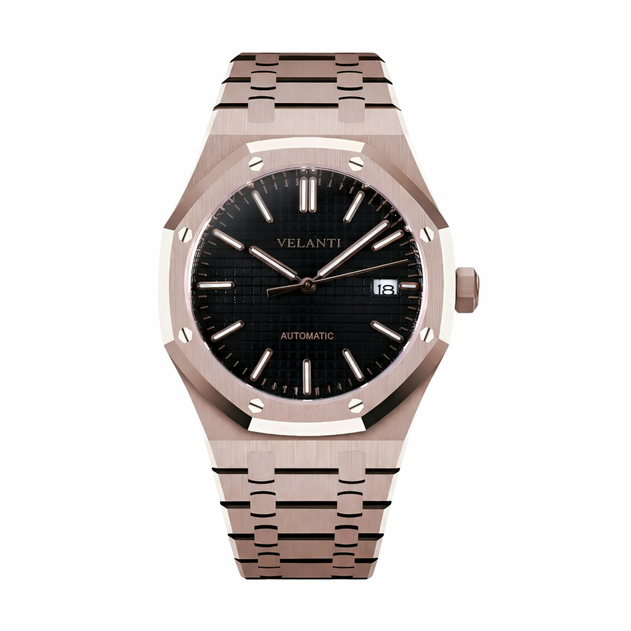 Royal Oak-style automatic watch, Velanti Milano Royal Veloak Rose Gold Black, main product photo