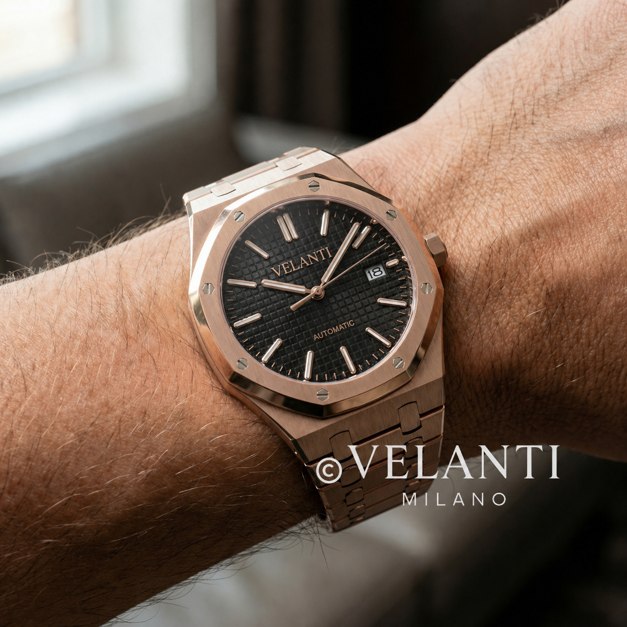 Royal Oak-style automatic watch, Velanti Milano Royal Veloak Rose Gold Black, product photo 2