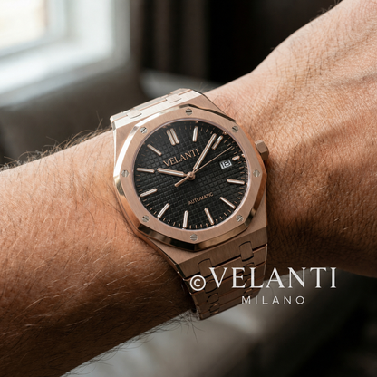 Royal Oak-style custom mod watch, Velanti Milano Royal Veloak Rose Gold Black, product photo 2