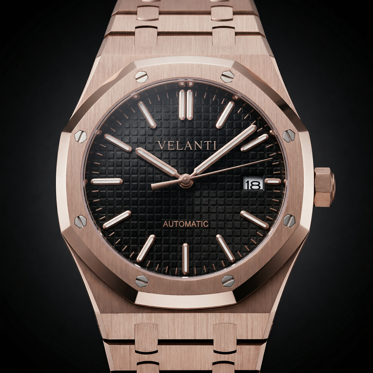 Royal Oak-style automatic watch, Velanti Milano Royal Veloak Rose Gold Black, product photo 3