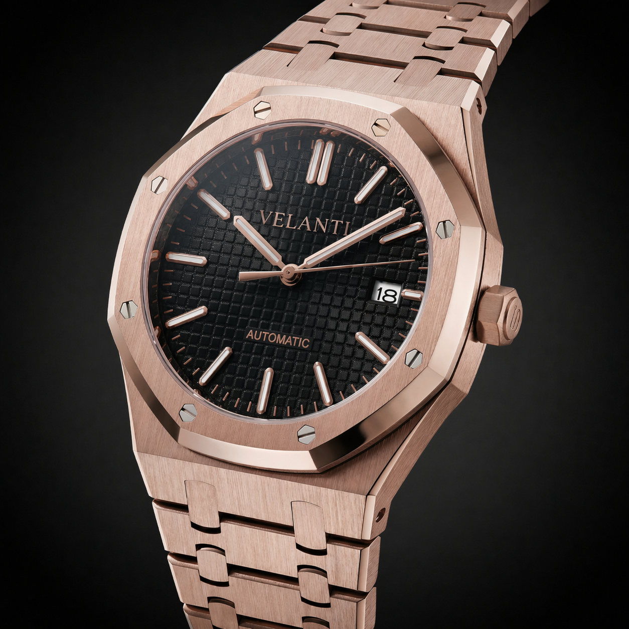 Royal Oak-style automatic watch, Velanti Milano Royal Veloak Rose Gold Black, product photo 4