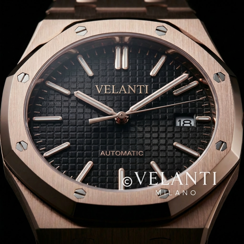 Royal Oak-style automatic watch, Velanti Milano Royal Veloak Rose Gold Black, product photo 5