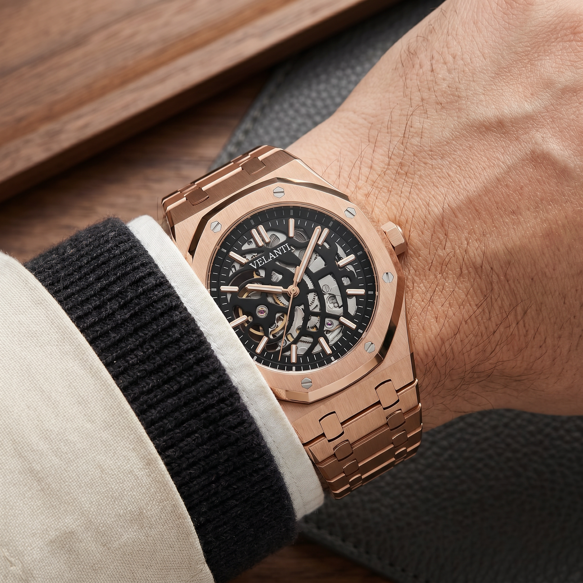 Royal Oak-style automatic watch, Velanti Milano Royal Veloak Rose Gold Skeleton, product photo 6