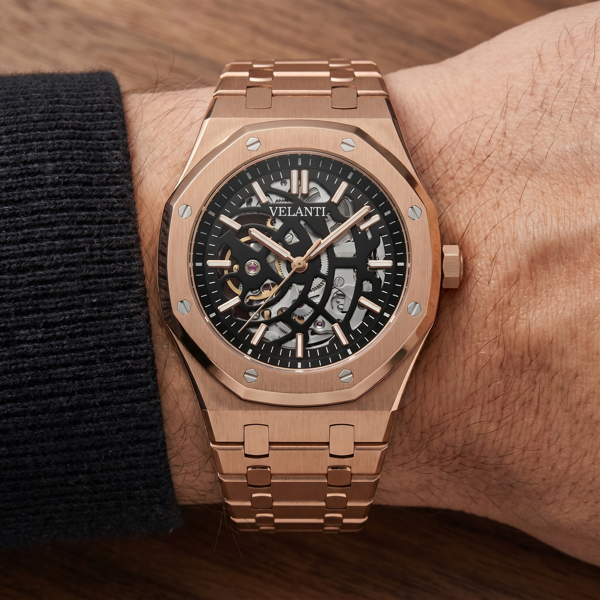 Royal Oak-style automatic watch, Velanti Milano Royal Veloak Rose Gold Skeleton worn on wrist photo 7