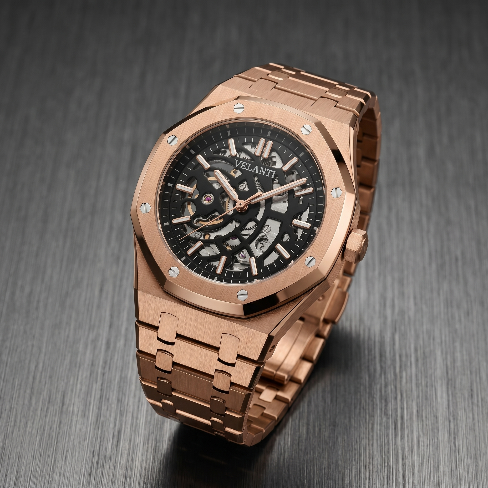 Royal Oak-style automatic watch, Velanti Milano Royal Veloak Rose Gold Skeleton, bracelet detail photo