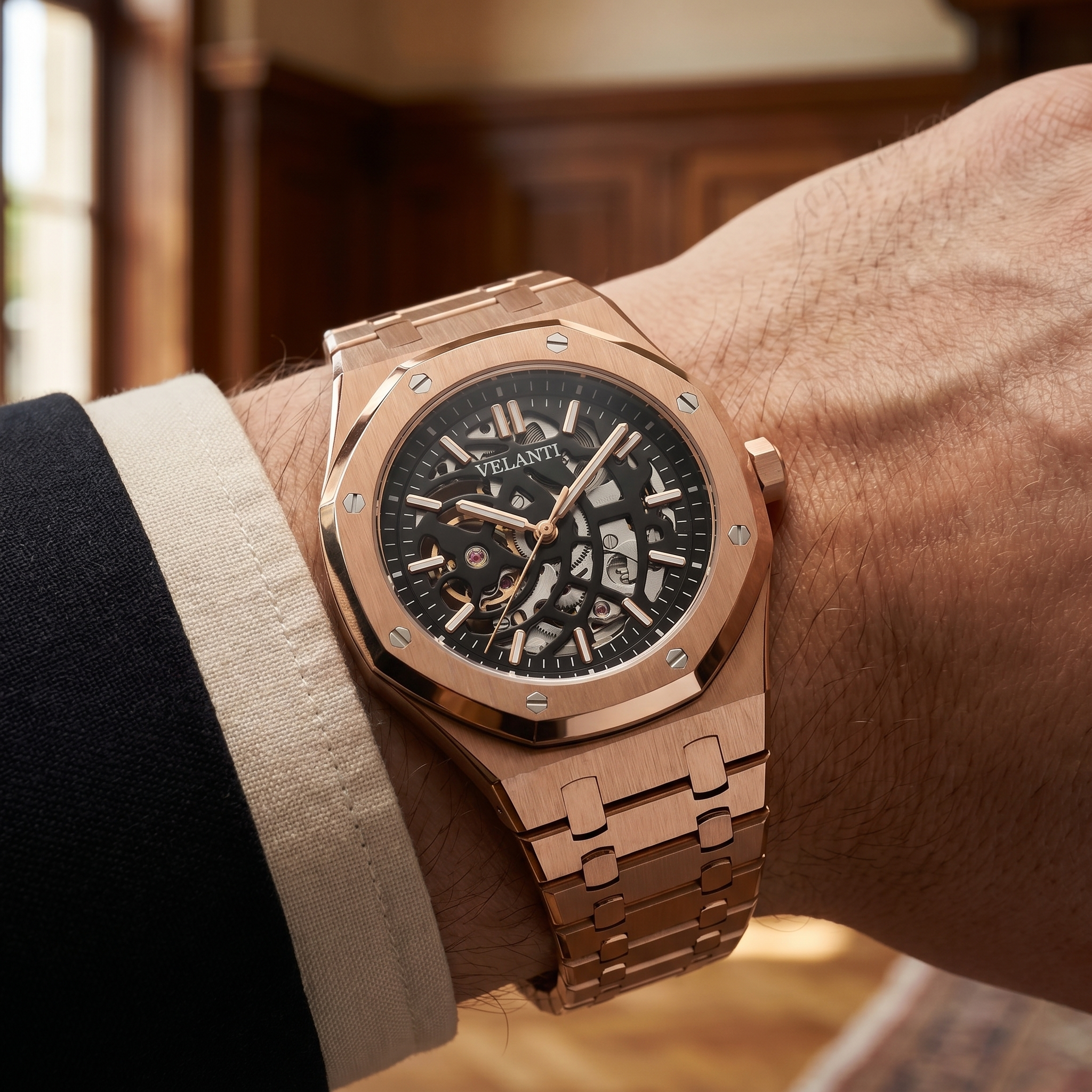 Royal Oak-style automatic watch, Velanti Milano Royal Veloak Rose Gold Skeleton, product photo 9