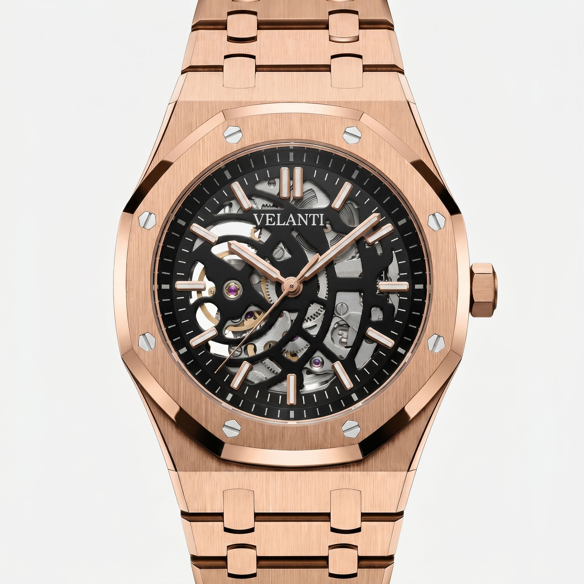 Royal Oak-style automatic watch, Velanti Milano Royal Veloak Rose Gold Skeleton, watch detail photo