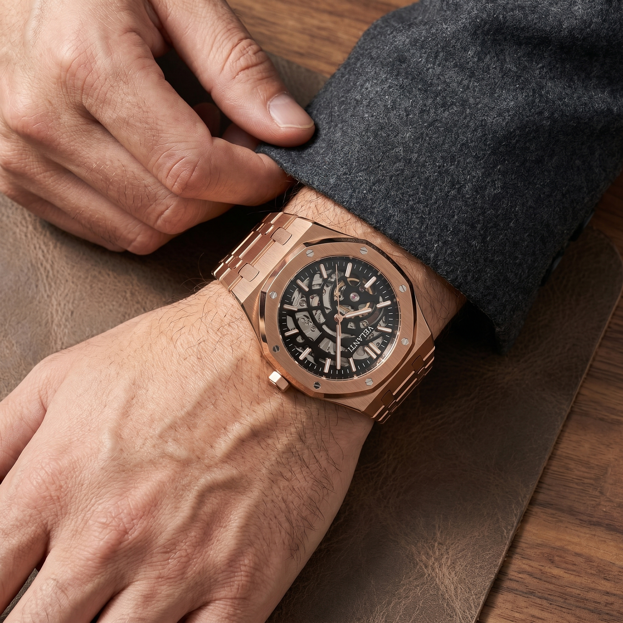 Royal Oak-style automatic watch, Velanti Milano Royal Veloak Rose Gold Skeleton worn on wrist photo 11