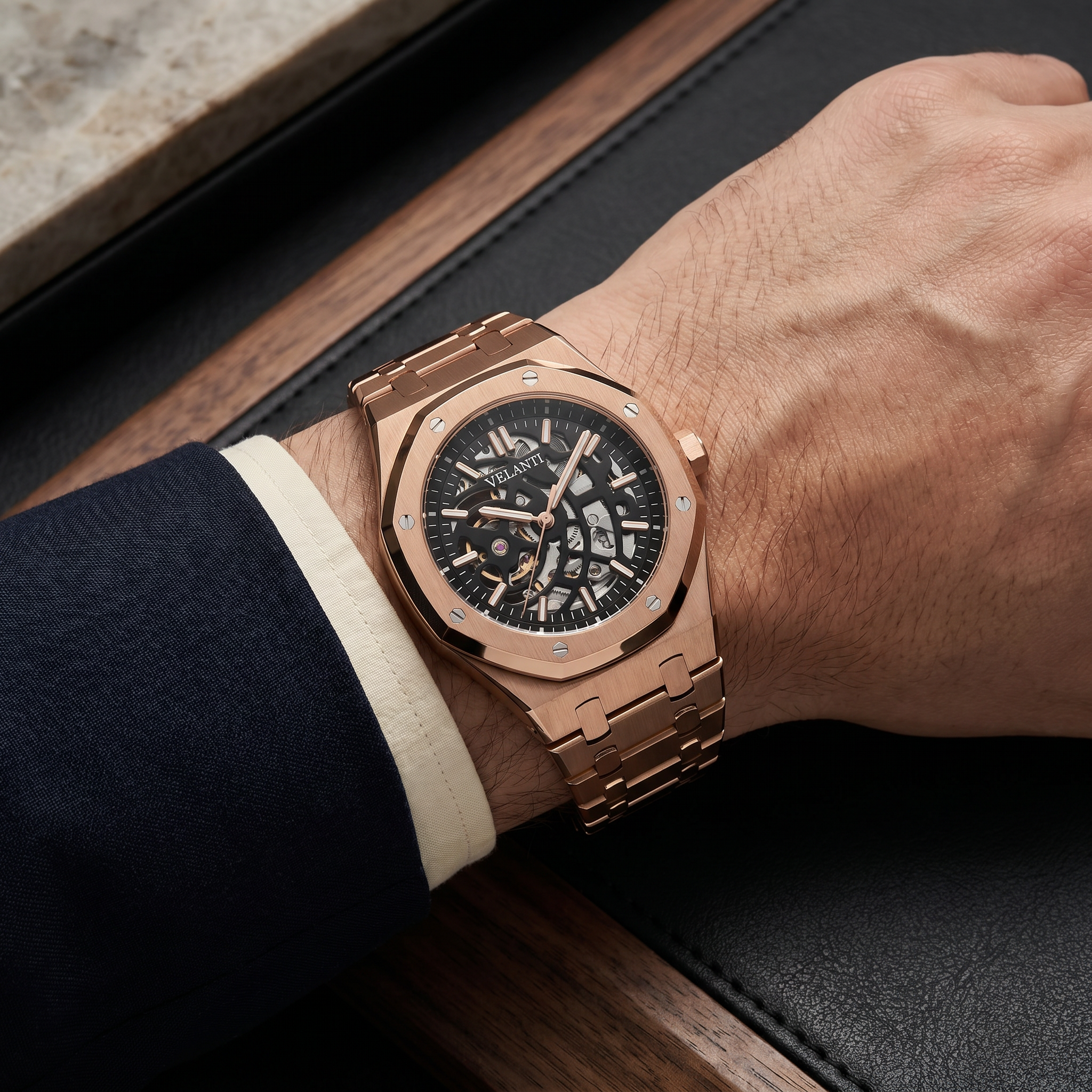 Royal Oak-style automatic watch, Velanti Milano Royal Veloak Rose Gold Skeleton worn on wrist photo 12
