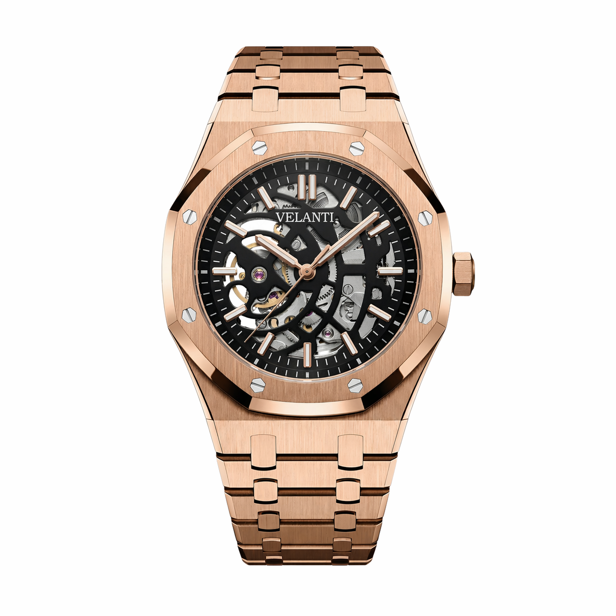 Royal Oak-style automatic watch, Velanti Milano Royal Veloak Rose Gold Skeleton, main product photo