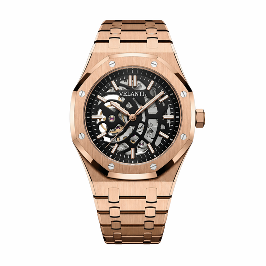 Royal Oak-style custom mod watch, Velanti Milano Royal Veloak Rose Gold Skeleton, main product photo
