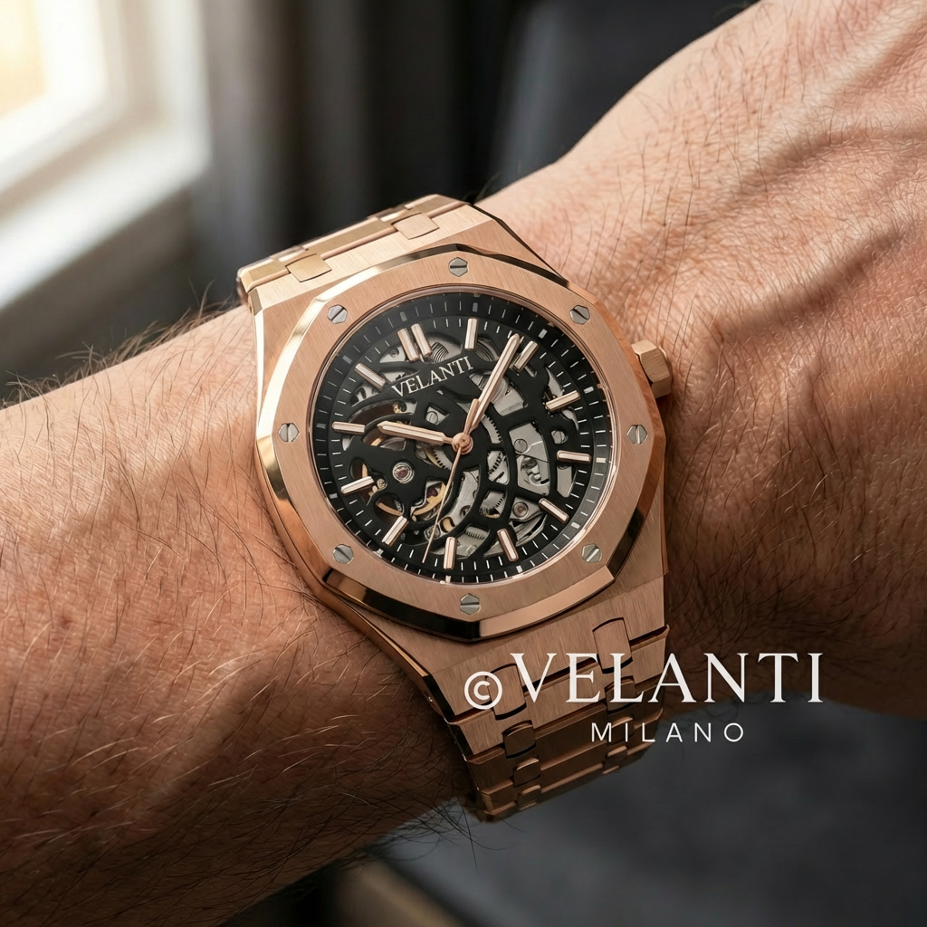Royal Oak-style automatic watch, Velanti Milano Royal Veloak Rose Gold Skeleton, product photo 2