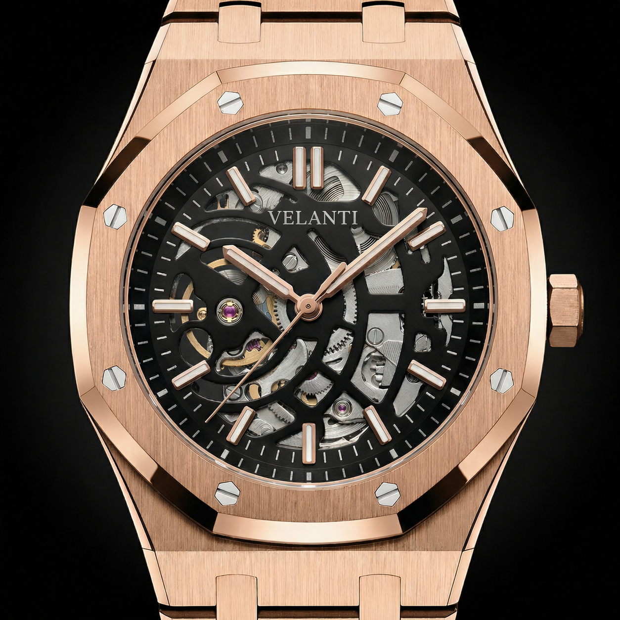 Royal Oak-style automatic watch, Velanti Milano Royal Veloak Rose Gold Skeleton, product photo 3