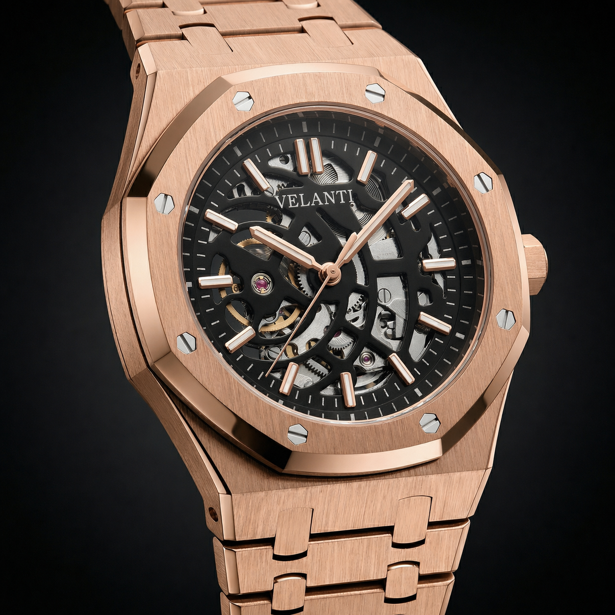 Royal Oak-style automatic watch, Velanti Milano Royal Veloak Rose Gold Skeleton, product photo 4