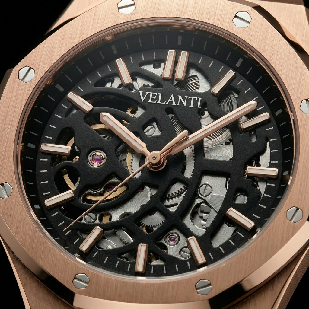 Royal Oak-style automatic watch, Velanti Milano Royal Veloak Rose Gold Skeleton, product photo 5