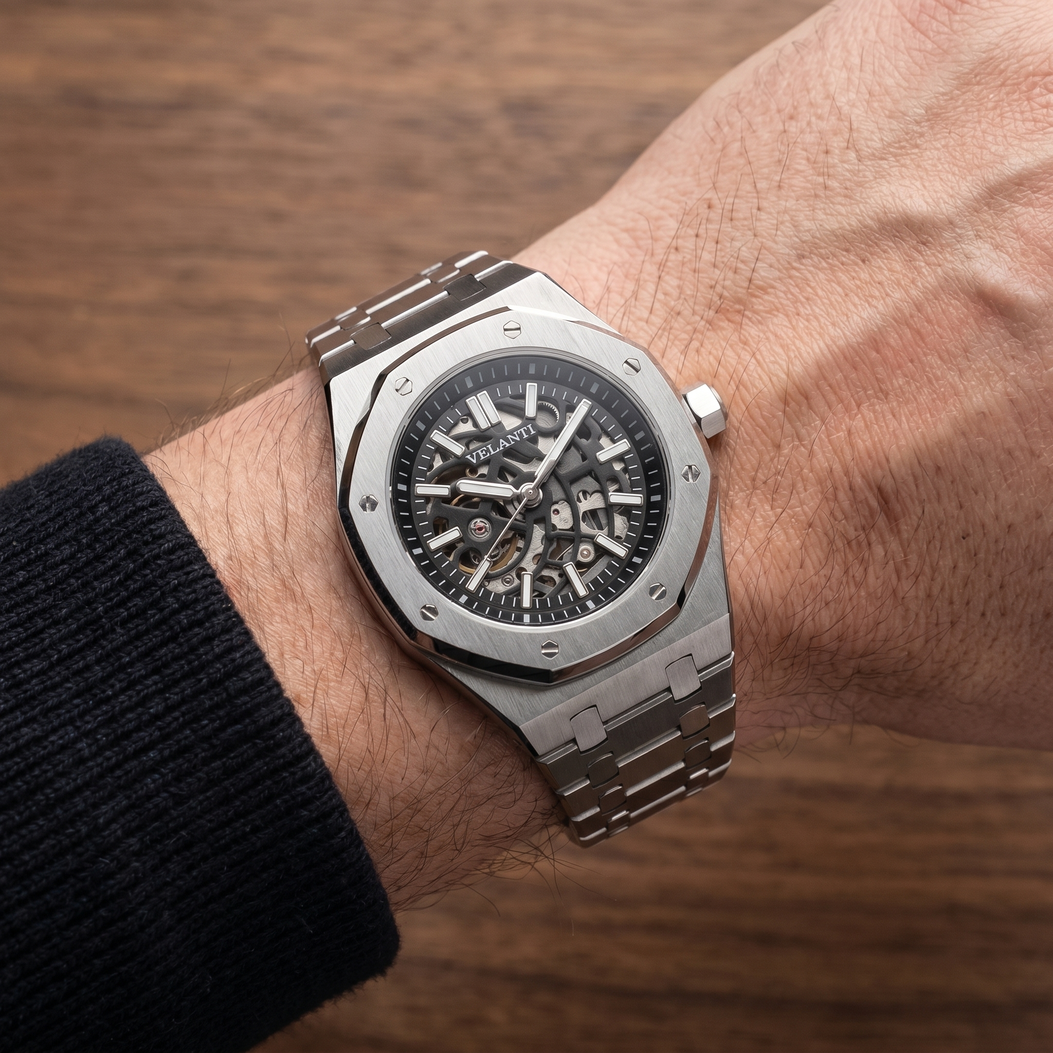 Royal Oak-style automatic watch, Velanti Milano Royal Veloak Skeleton worn on wrist photo 6