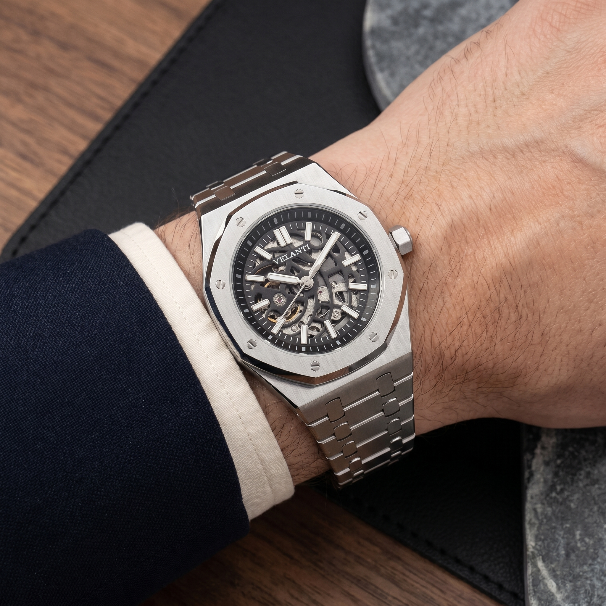 Royal Oak-style automatic watch, Velanti Milano Royal Veloak Skeleton worn on wrist photo 11