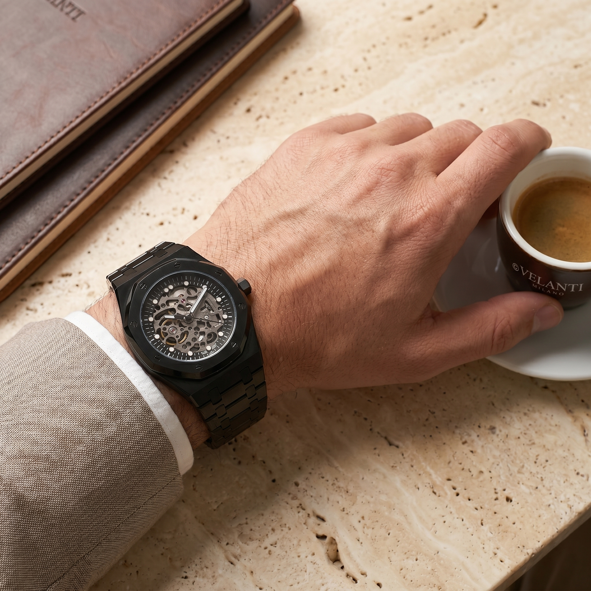 Royal Oak-style automatic watch, Velanti Milano Royal Veloak Skeleton Full Black worn on wrist