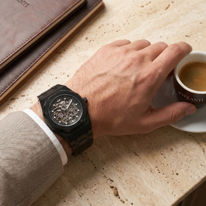 Royal Oak-style automatic watch, Velanti Milano Royal Veloak Skeleton Full Black, on-wrist photo