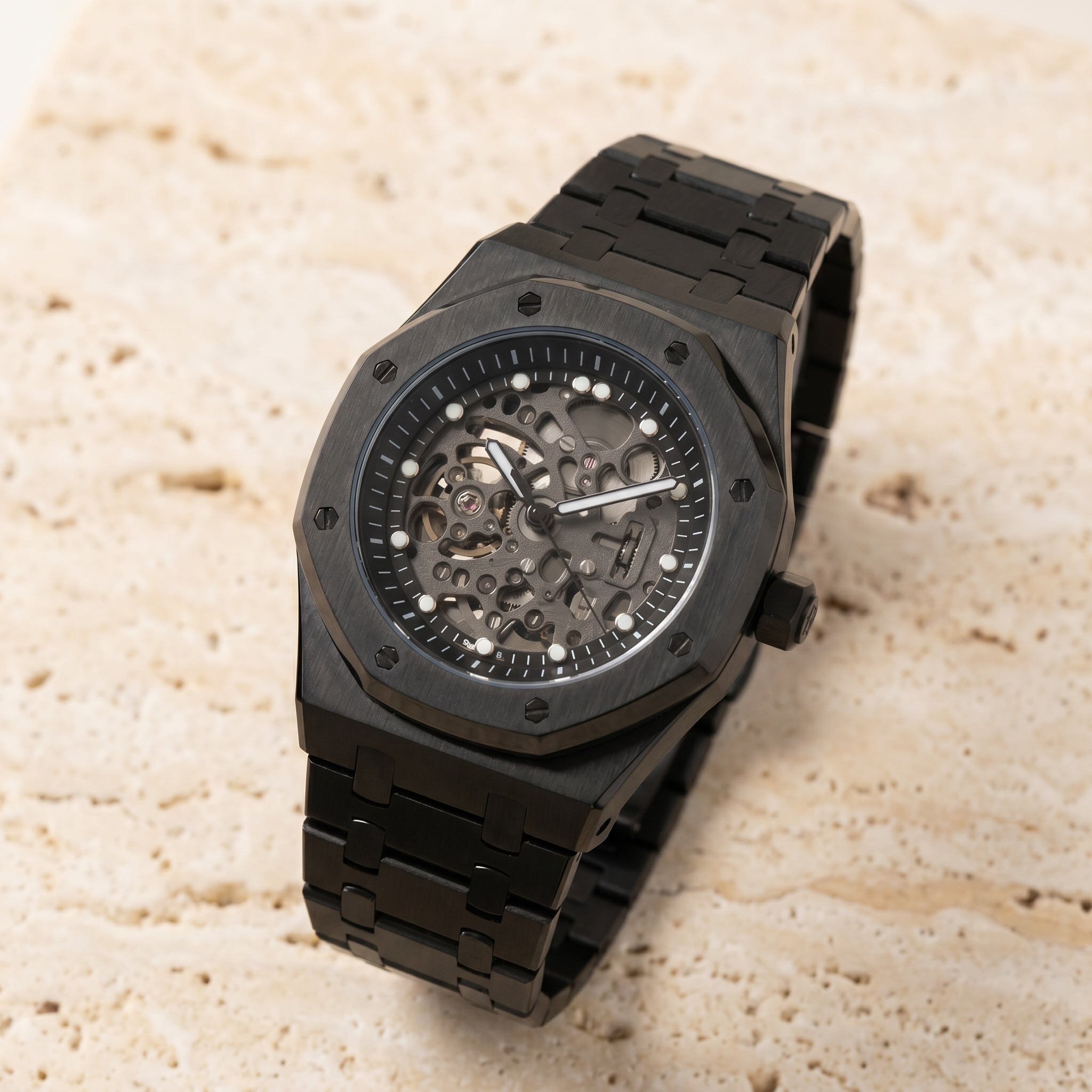 Royal Oak-style automatic watch, Velanti Milano Royal Veloak Skeleton Full Black, watch detail photo