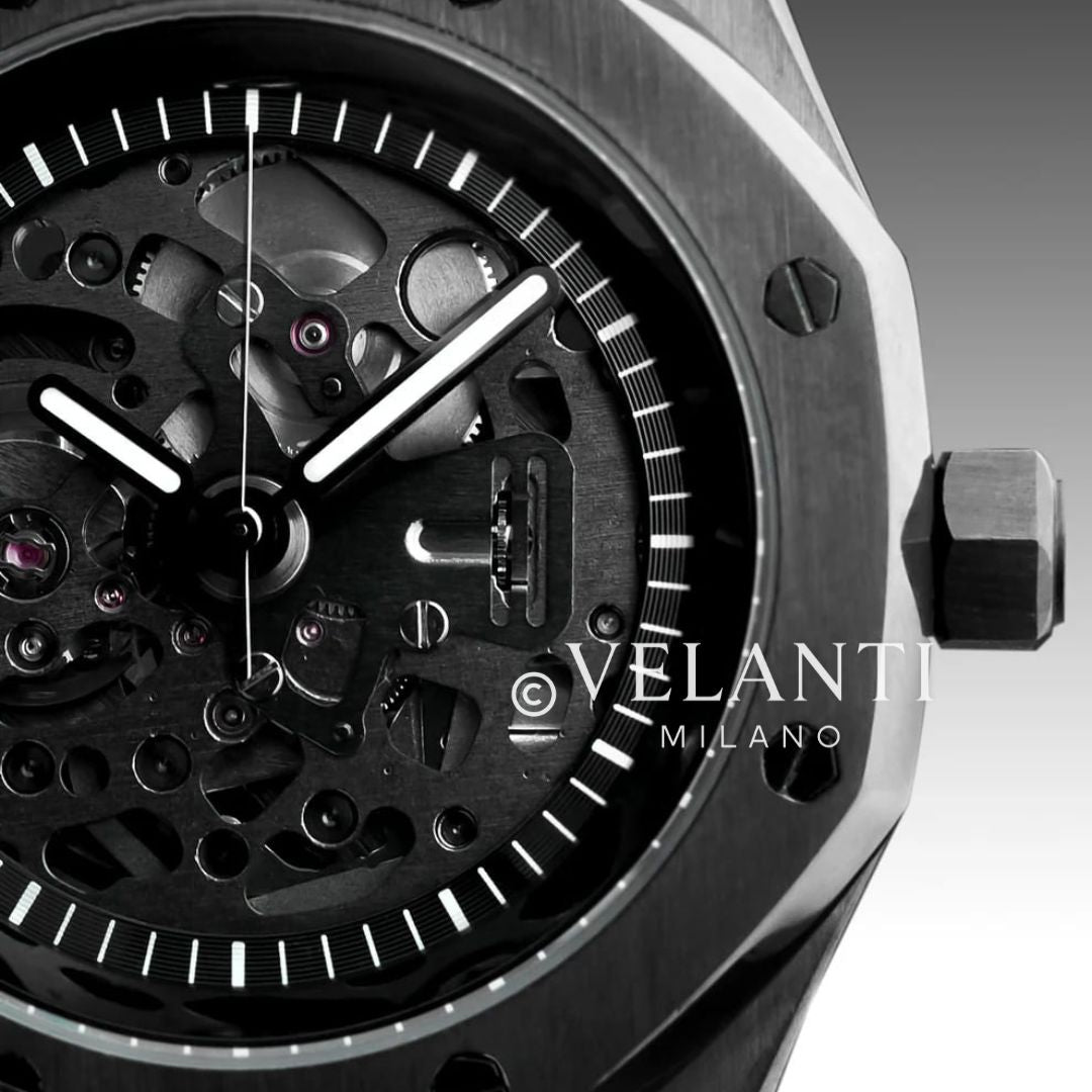 Royal Oak-style automatic watch, Velanti Milano Royal Veloak Skeleton Full Black, product photo 4