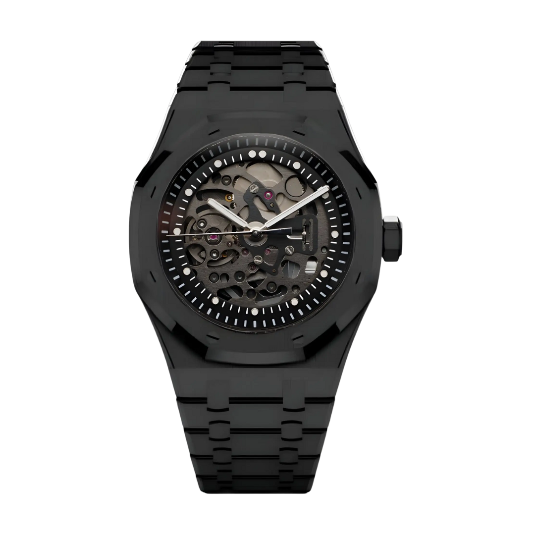 Royal Oak-style automatic watch, Velanti Milano Royal Veloak Skeleton Full Black, main product photo