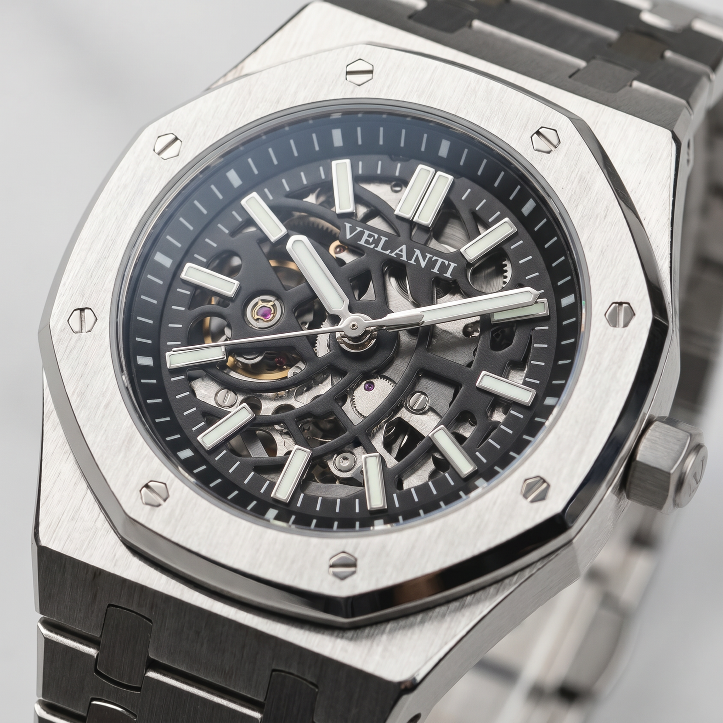 Royal Oak-style custom mod watch, Velanti Milano Royal Veloak Skeleton, product photo 4