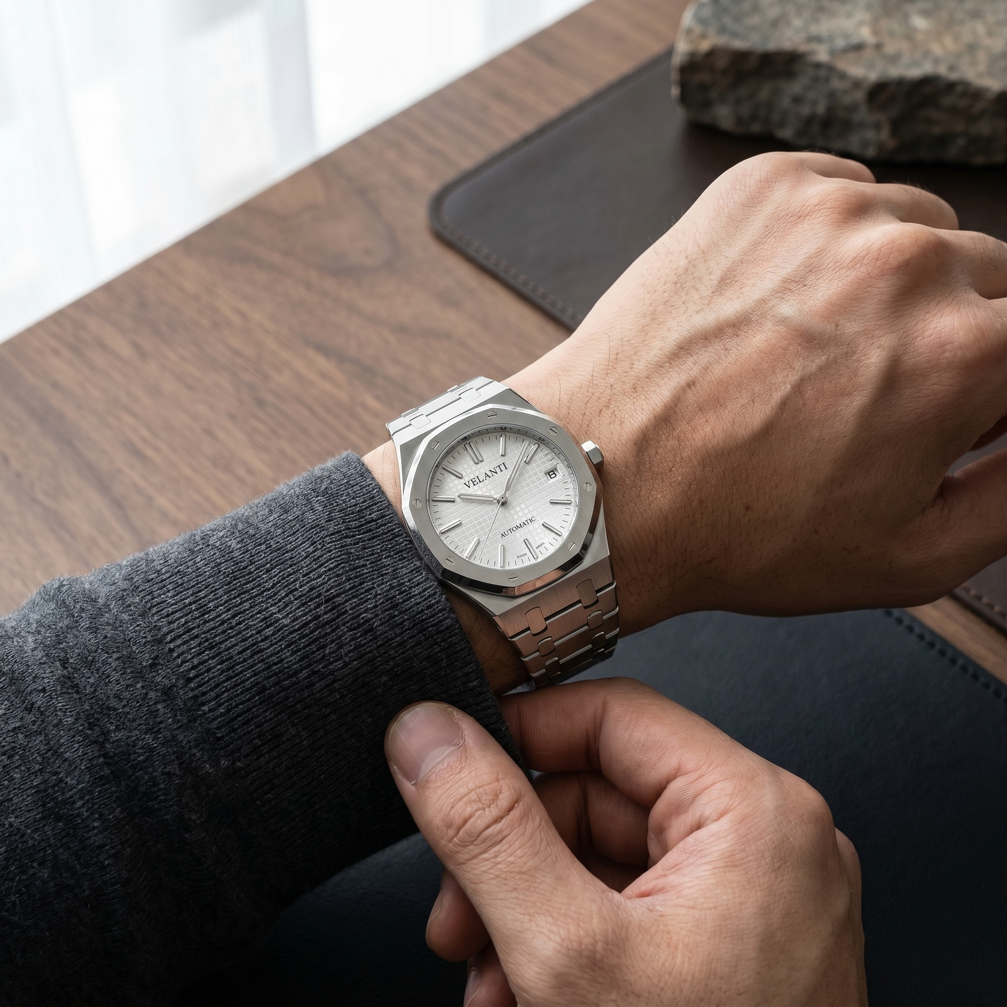 Royal Oak-style automatic watch, Velanti Milano Royal Veloak White worn on wrist