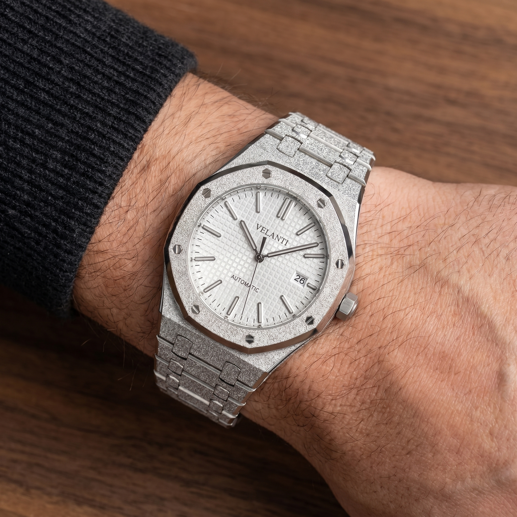 Royal Oak-style automatic watch, Velanti Milano Royal Veloak White Iced Out worn on wrist