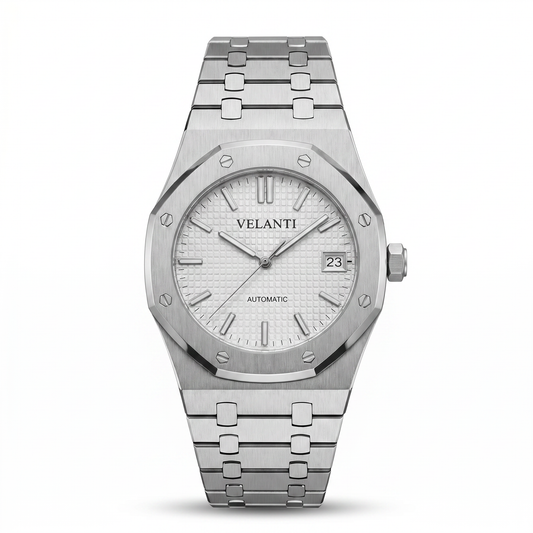 Royal Oak-style custom mod watch, Velanti Milano Royal Veloak White, main product photo