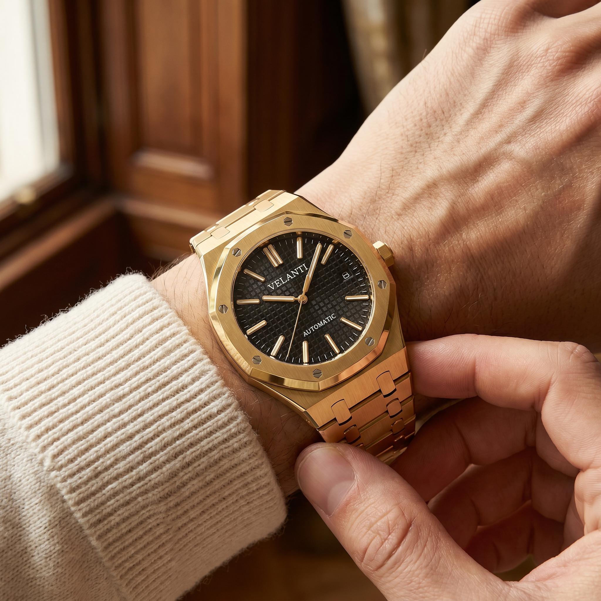 Royal Oak-style automatic watch, Velanti Milano Royal Veloak Yellow Gold worn on wrist photo 2