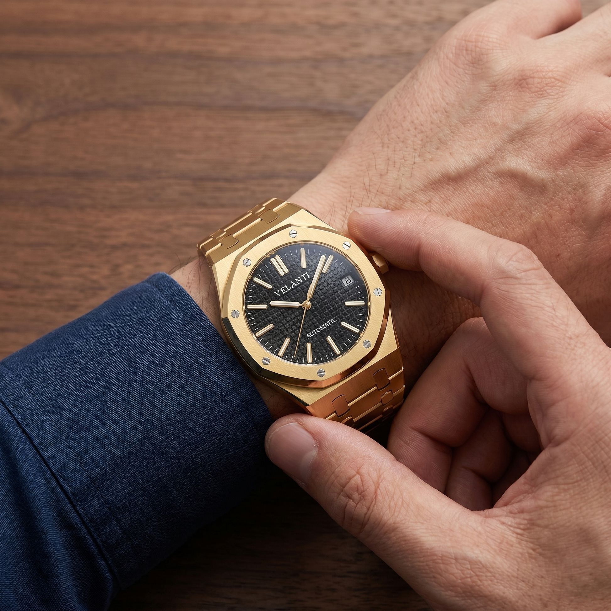 Royal Oak-style automatic watch, Velanti Milano Royal Veloak Yellow Gold, on-wrist photo