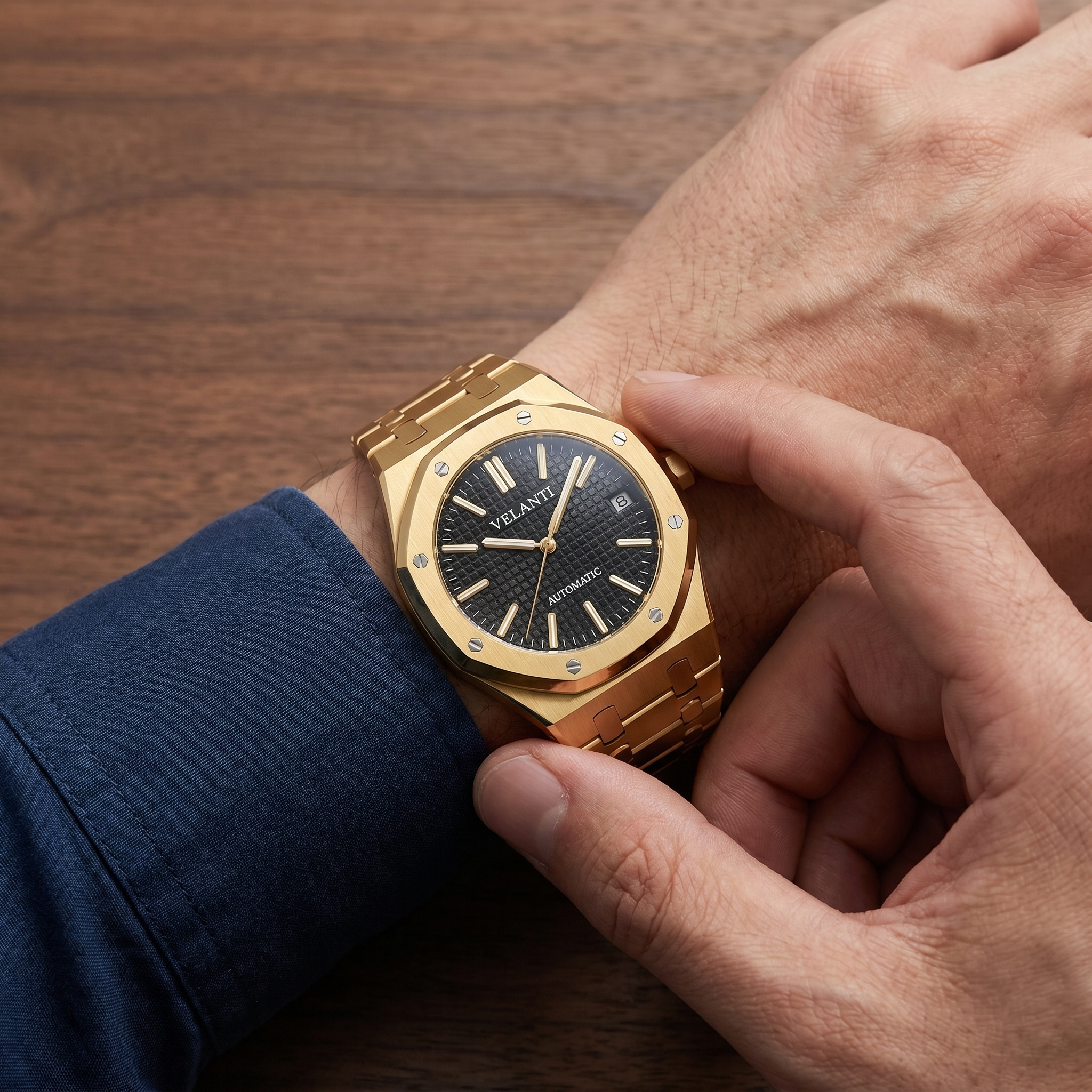Royal Oak-style automatic watch, Velanti Milano Royal Veloak Yellow Gold worn on wrist photo 6