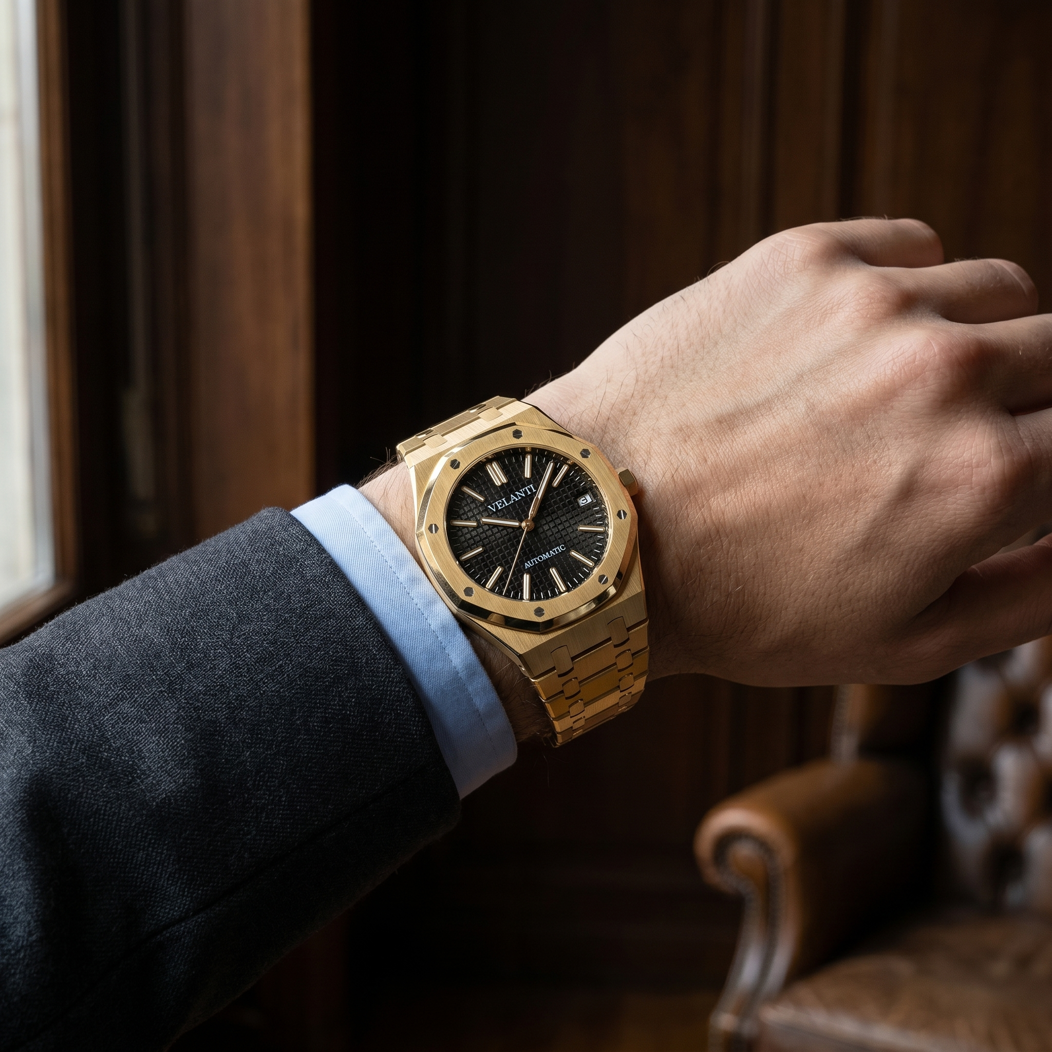 Royal Oak-style automatic watch, Velanti Milano Royal Veloak Yellow Gold worn on wrist photo 4