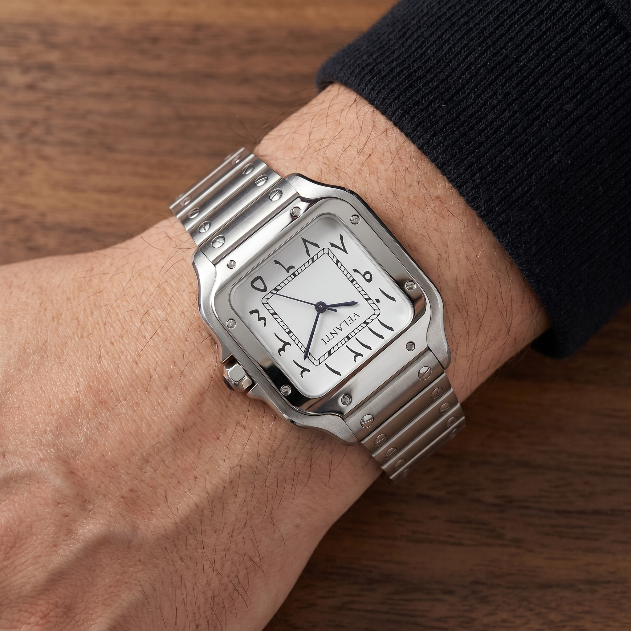 Santos-style automatic watch, Velanti Milano Santvel Arabic White worn on wrist photo 4
