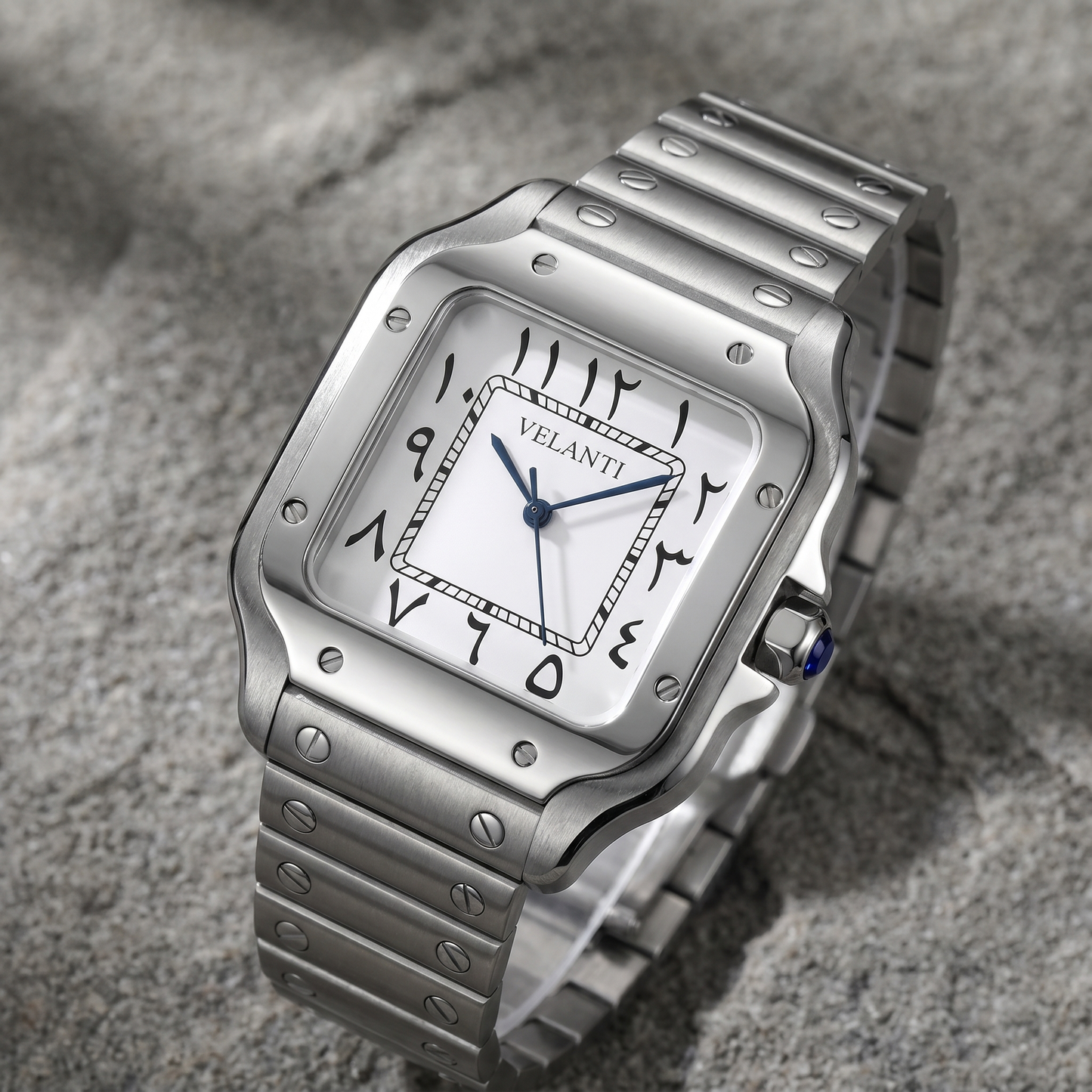 Santos-style custom automatic watch, Velanti Milano Santvel Arabic White, bracelet detail photo