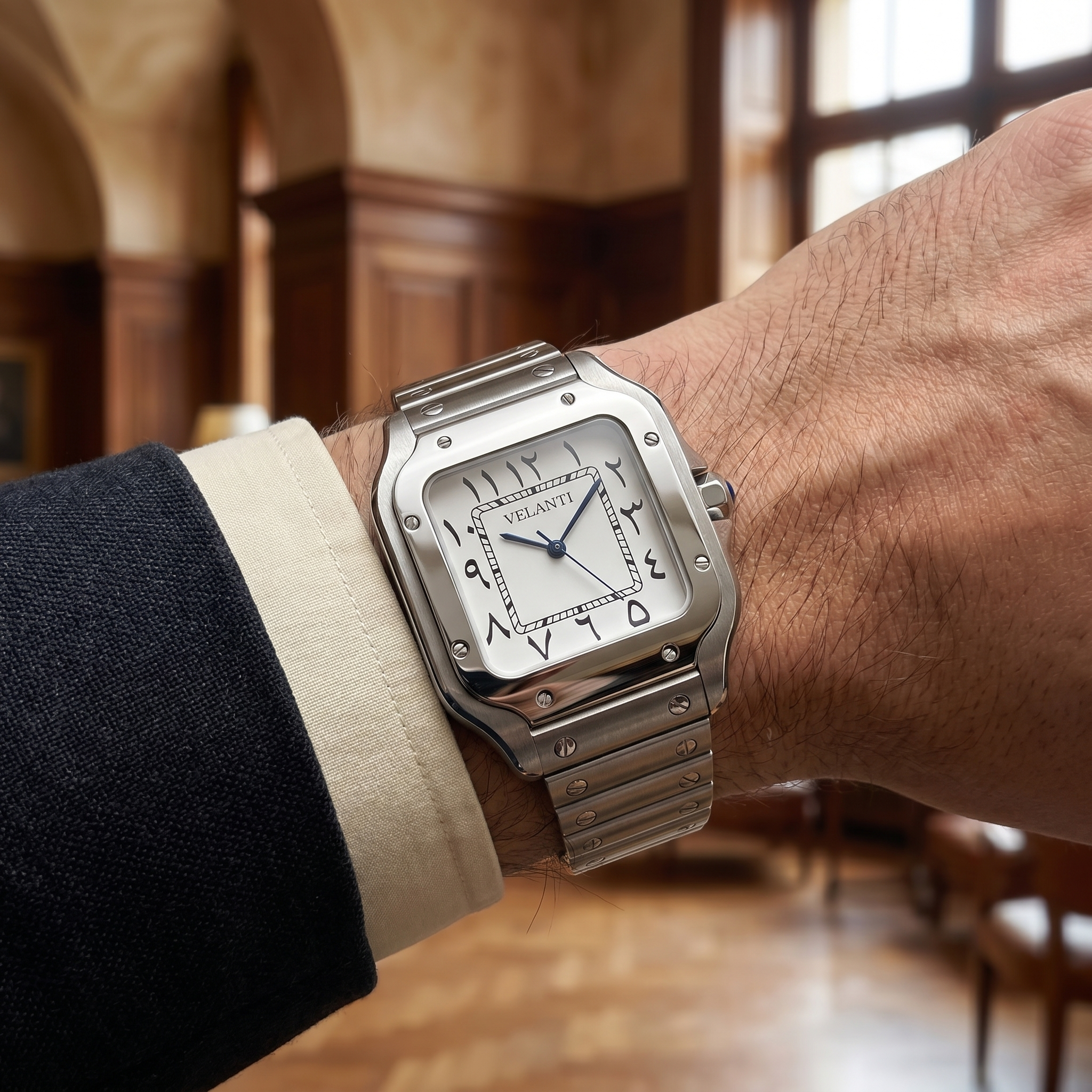 Santos-style automatic watch, Velanti Milano Santvel Arabic White, product photo 6