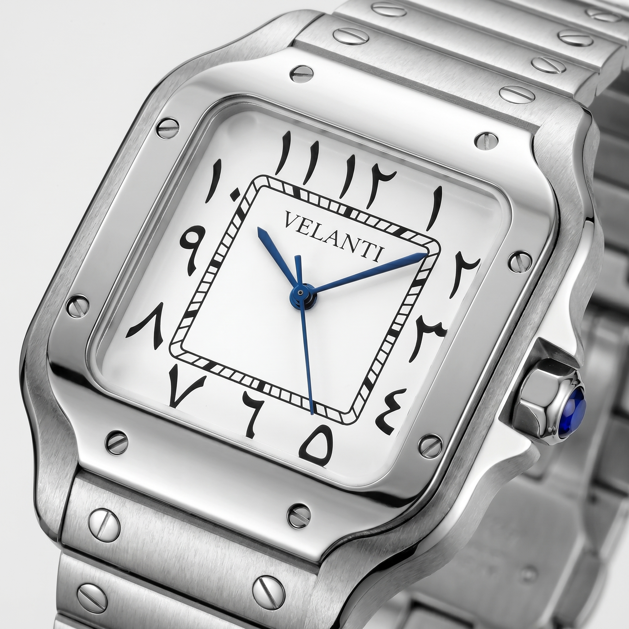 Santos-style automatic watch, Velanti Milano Santvel Arabic White, watch detail photo 7