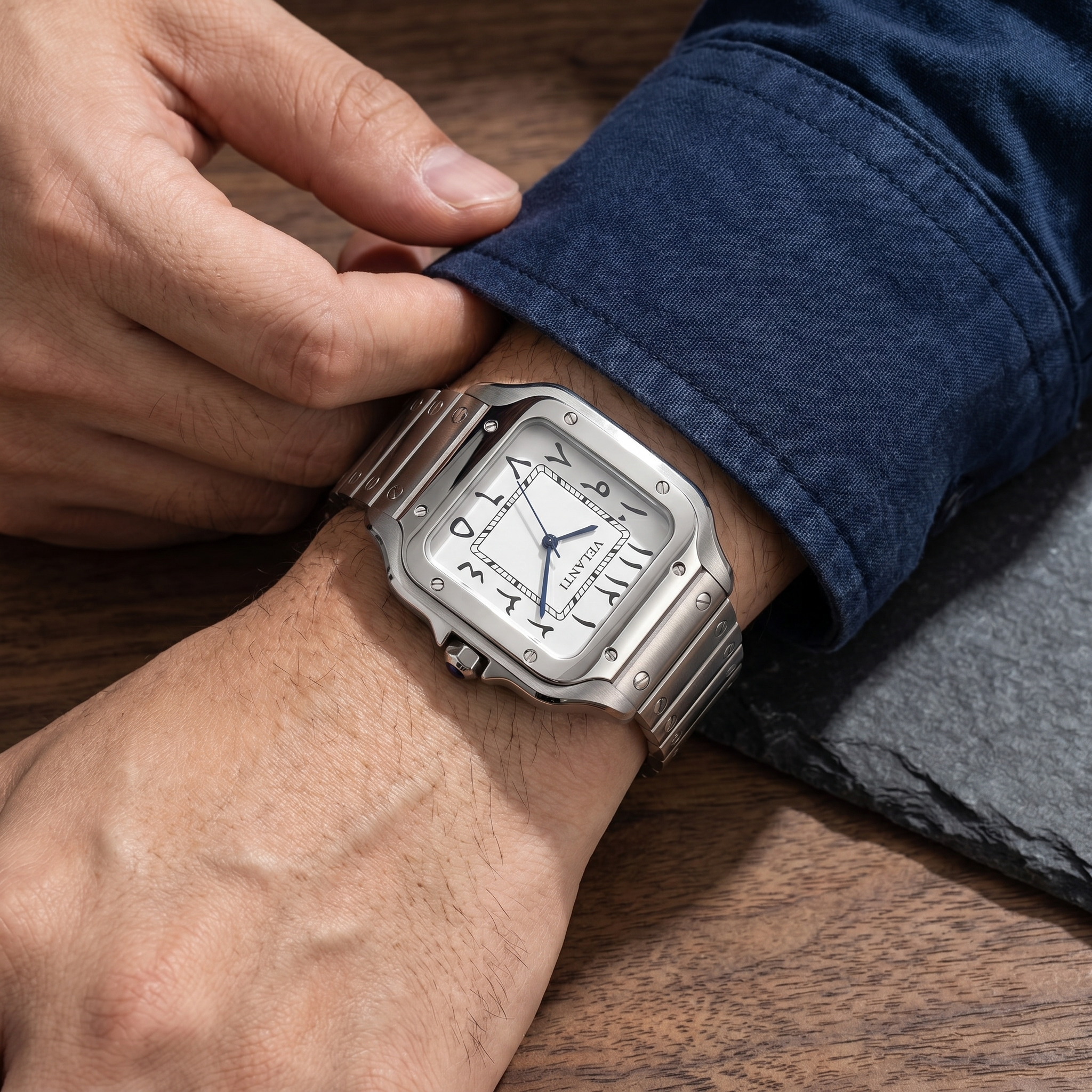 Santos-style automatic watch, Velanti Milano Santvel Arabic White worn on wrist photo 8