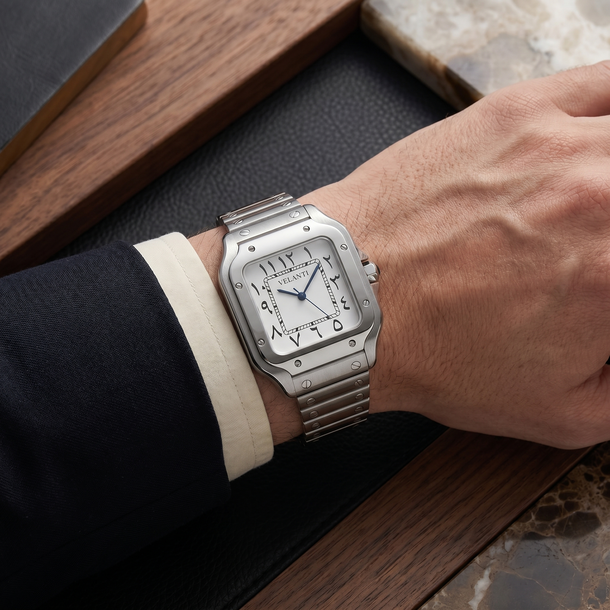 Santos-style automatic watch, Velanti Milano Santvel Arabic White worn on wrist photo 10