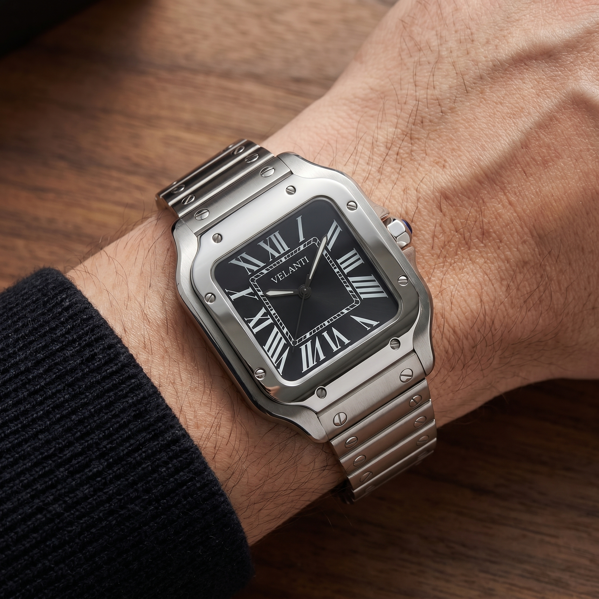 Santos-style automatic watch, Velanti Milano Santvel Black worn on wrist photo 6