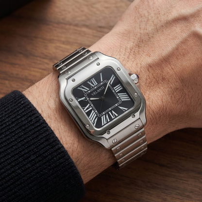 Santos-style automatic watch, Velanti Milano Santvel Black, on-wrist photo