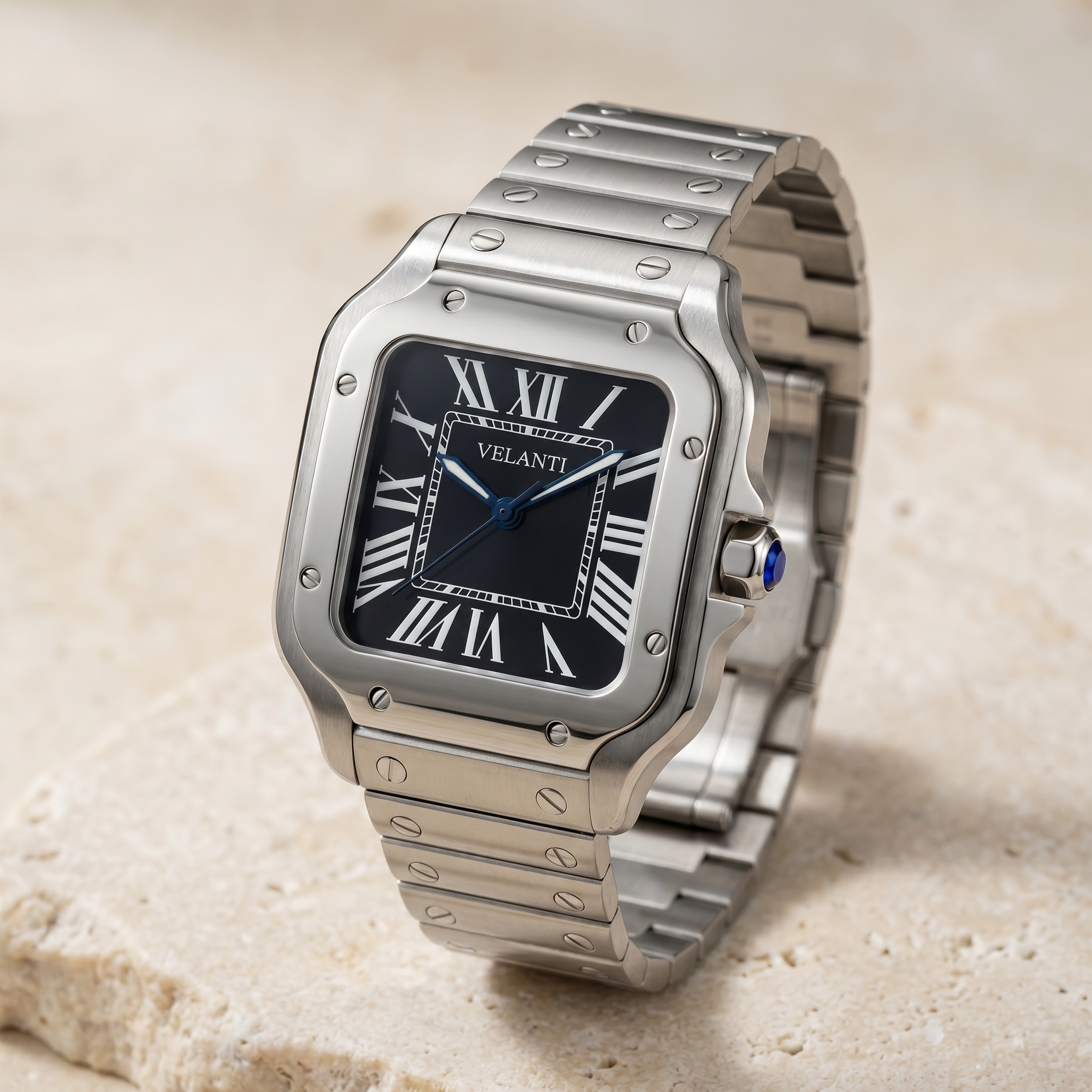Santos-style automatic watch, Velanti Milano Santvel Black, watch detail photo