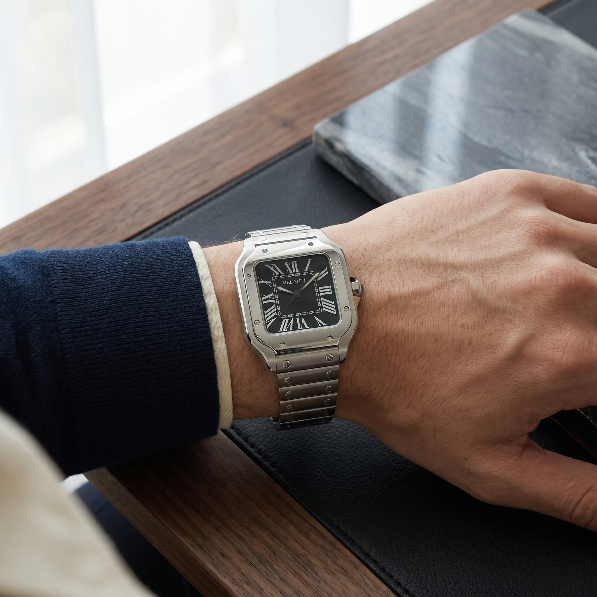 Santos-style automatic watch, Velanti Milano Santvel Black worn on wrist photo 10