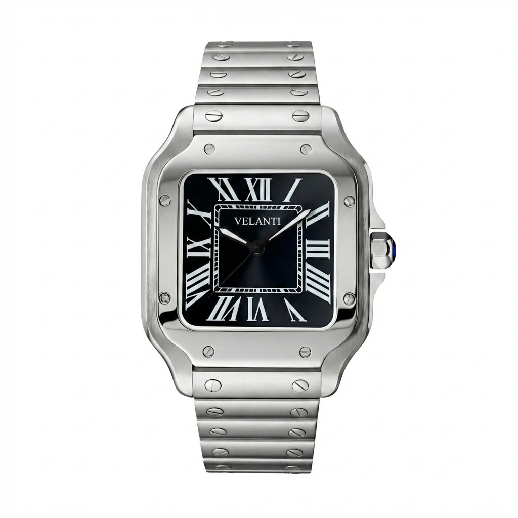 Santos-style automatic watch, Velanti Milano Santvel Black, main product photo