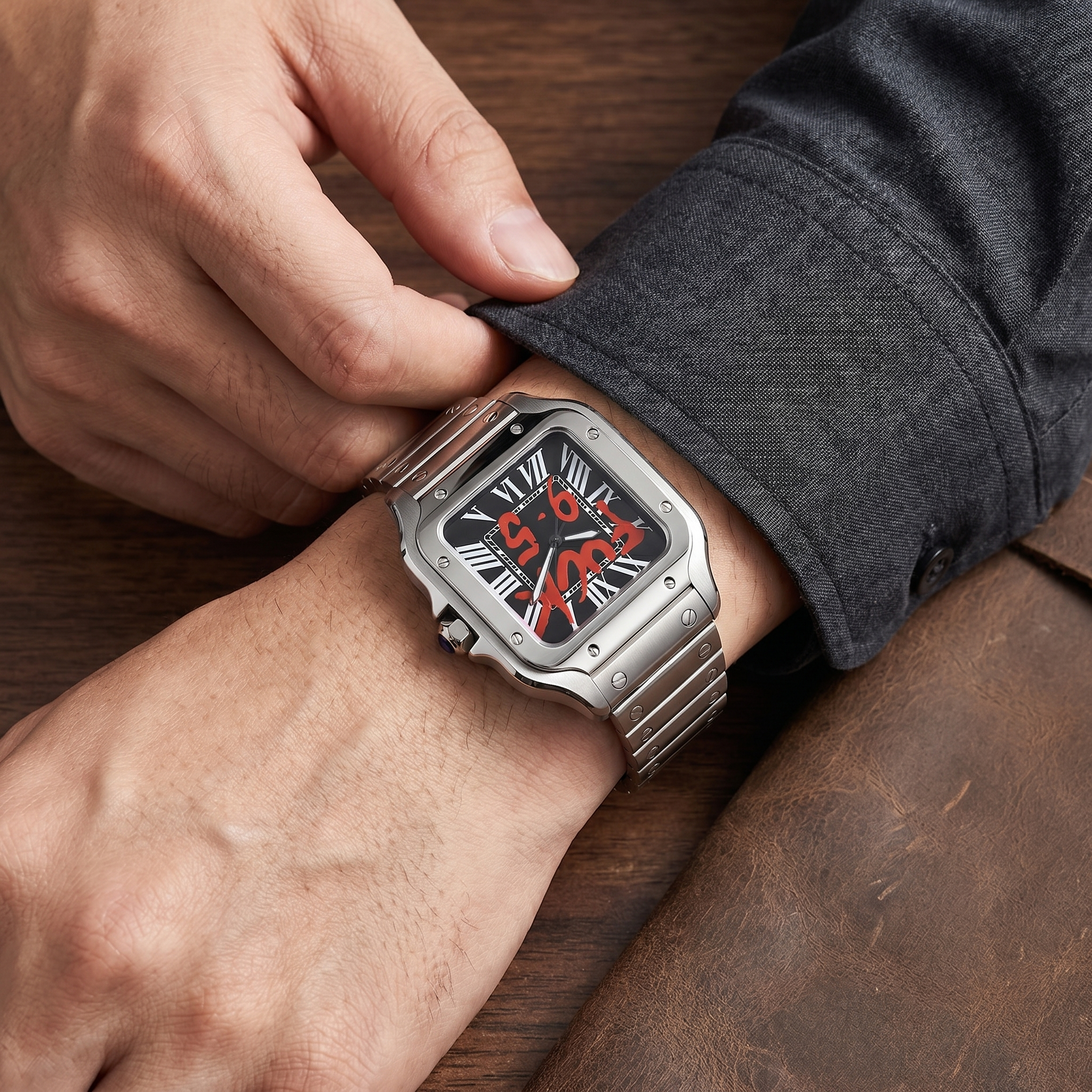 Santos-style automatic watch, Velanti Milano Santvel Black Fck 9 To 5 worn on wrist photo 15