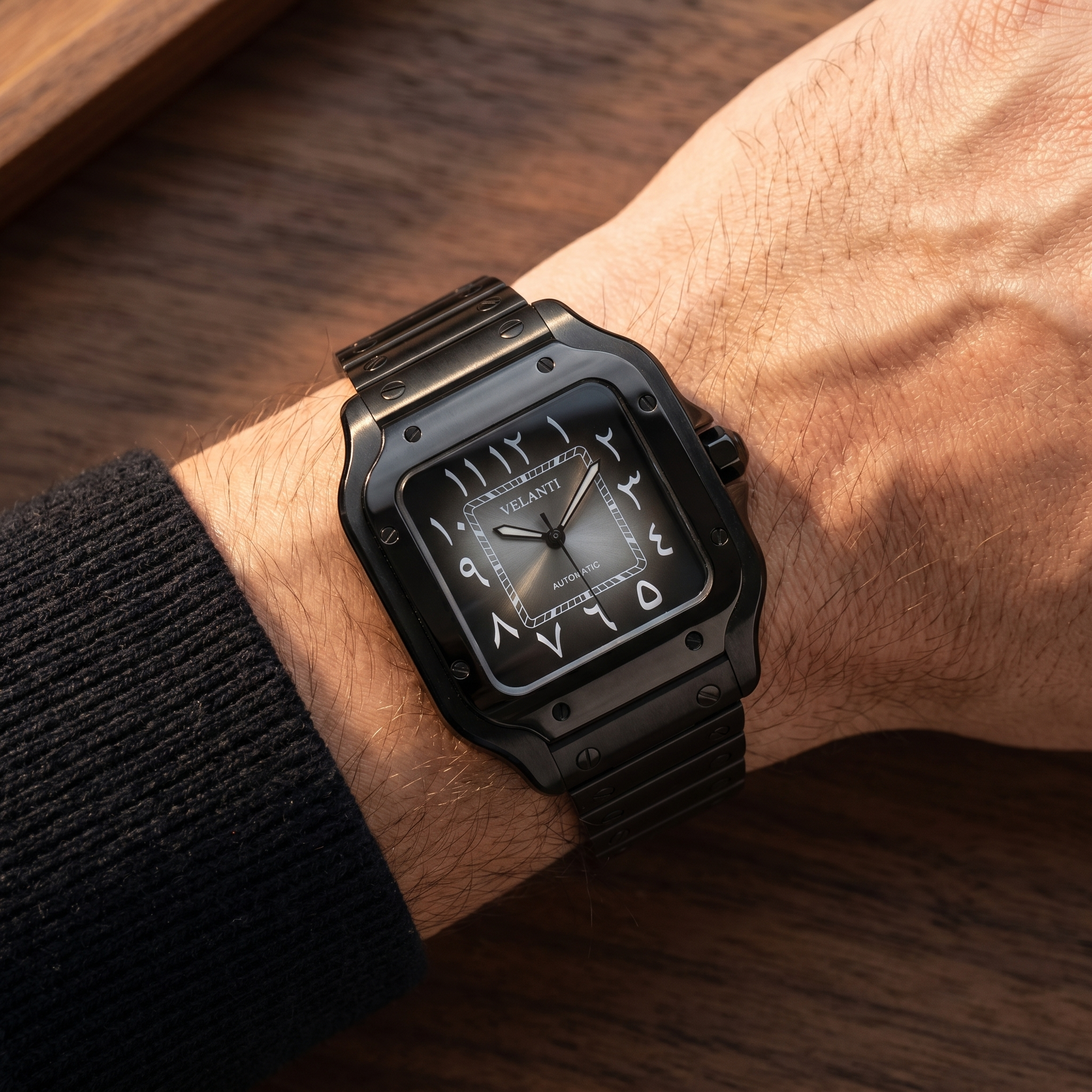 Santos-style automatic watch, Velanti Milano Santvel Black Ghost Arabic worn on wrist photo 5