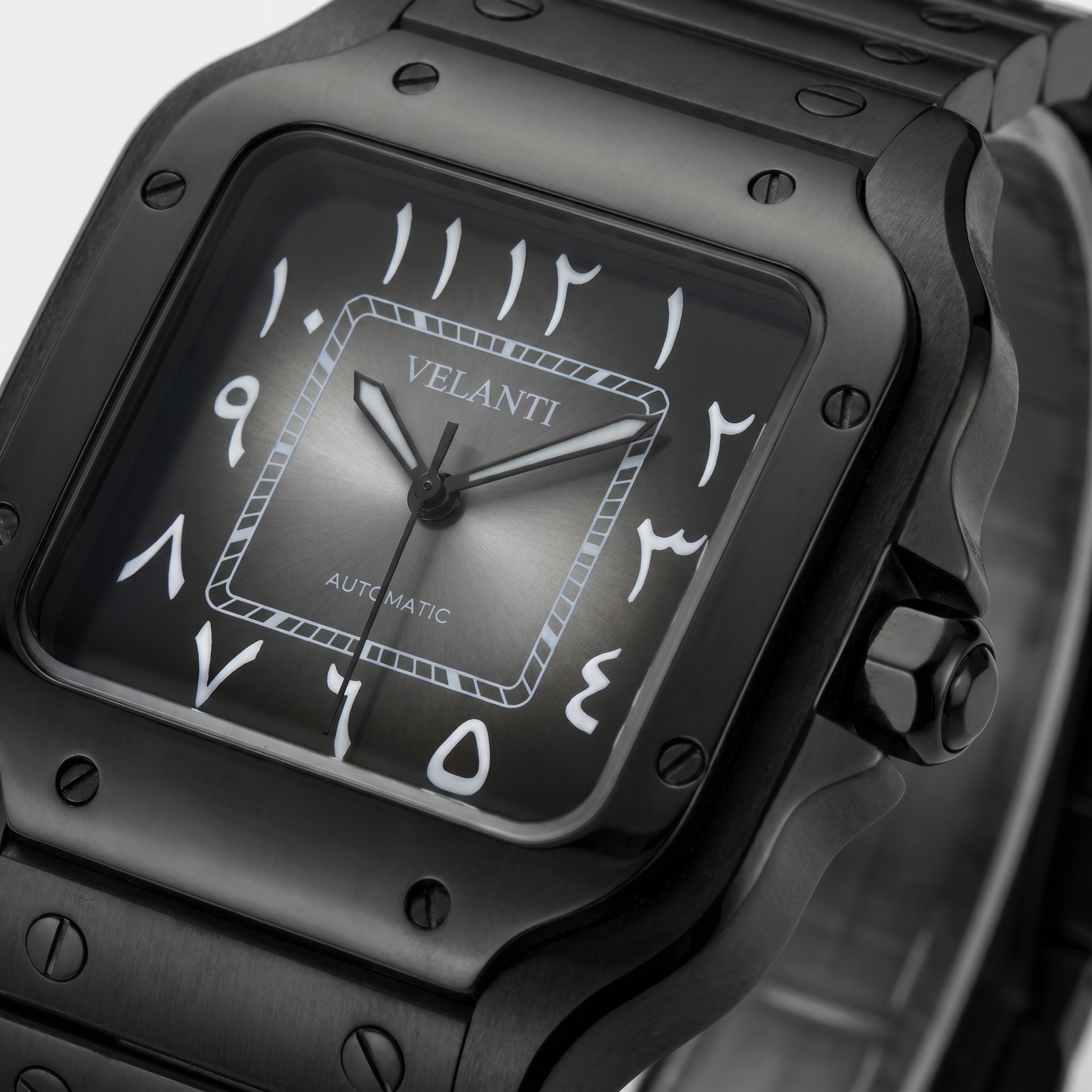 Santos-style custom automatic watch, Velanti Milano Santvel Black Ghost Arabic, watch detail photo 6