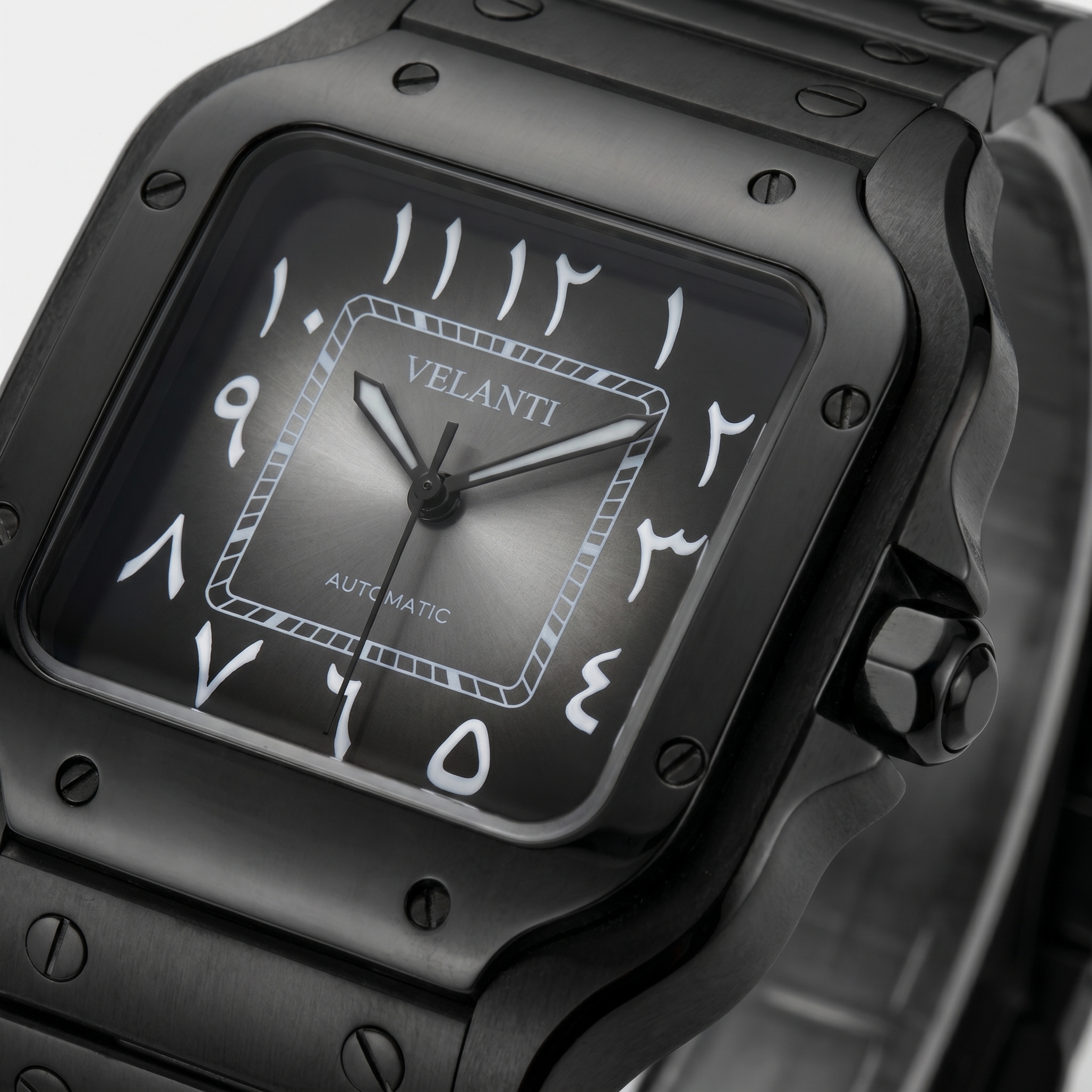 Santos-style automatic watch, Velanti Milano Santvel Black Ghost Arabic, watch detail photo 6